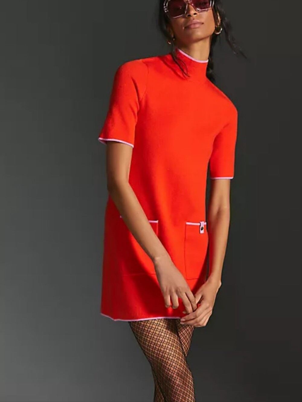 Maeve Mock Neck Mini Shift Sweater Dress XXS Contract Trim Retro Twiggy Mod